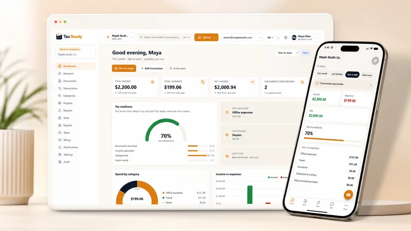Tableau de bord NextiaTax sur tablette et téléphone affichant revenus, dépenses, TPS/TVH et préparation fiscale