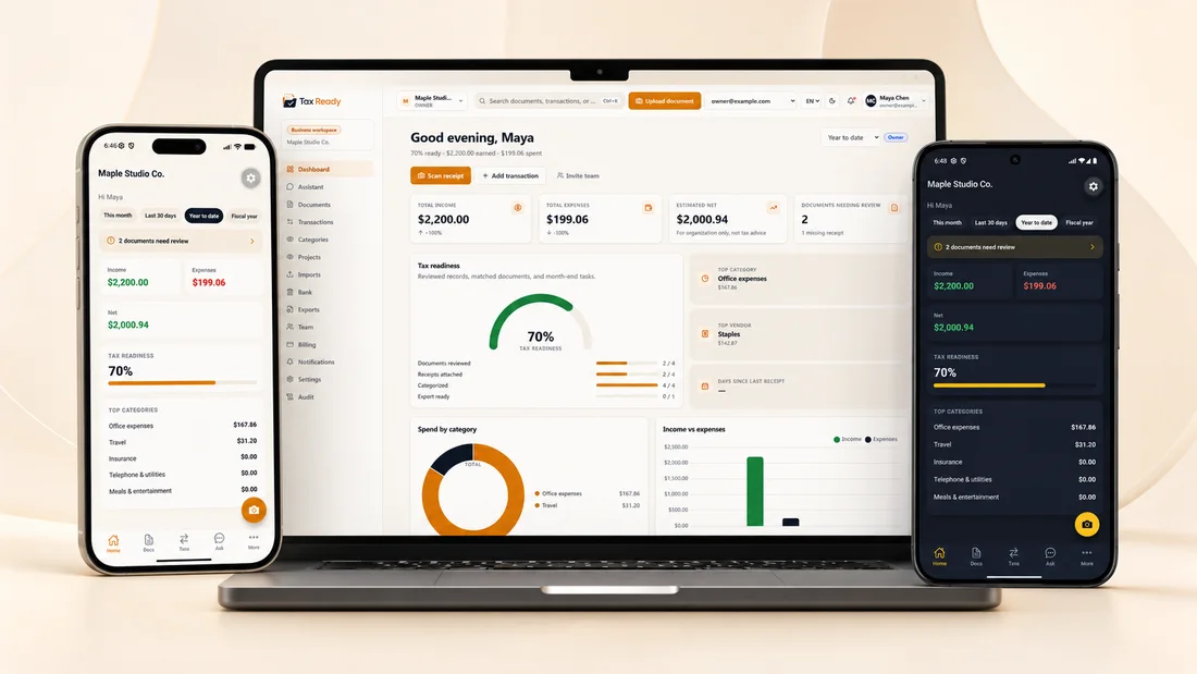 NextiaTax on laptop and phone — dashboard in light and dark mode